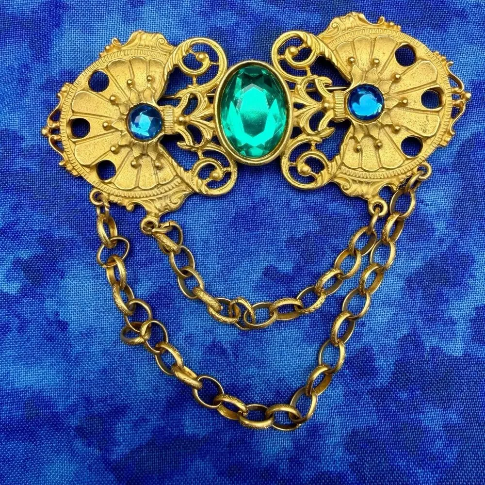 Vintage Victorian Revival Festoon Brooch Blue Rhinestone Gold Tone Chatelaine